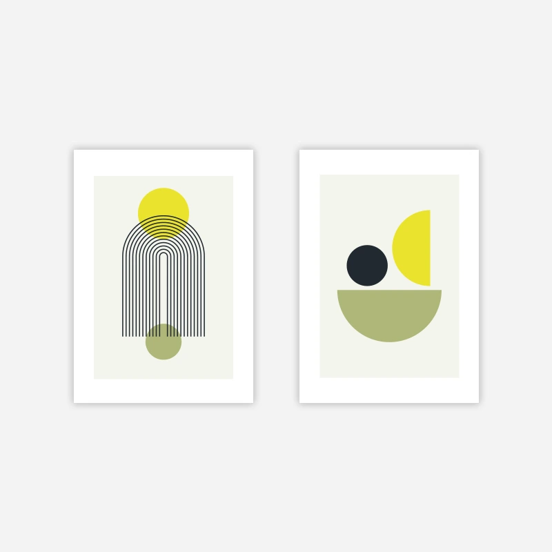 Mid-century modern abstract artwork with alabaster titanuim yellow gunmetal and misty moss colours