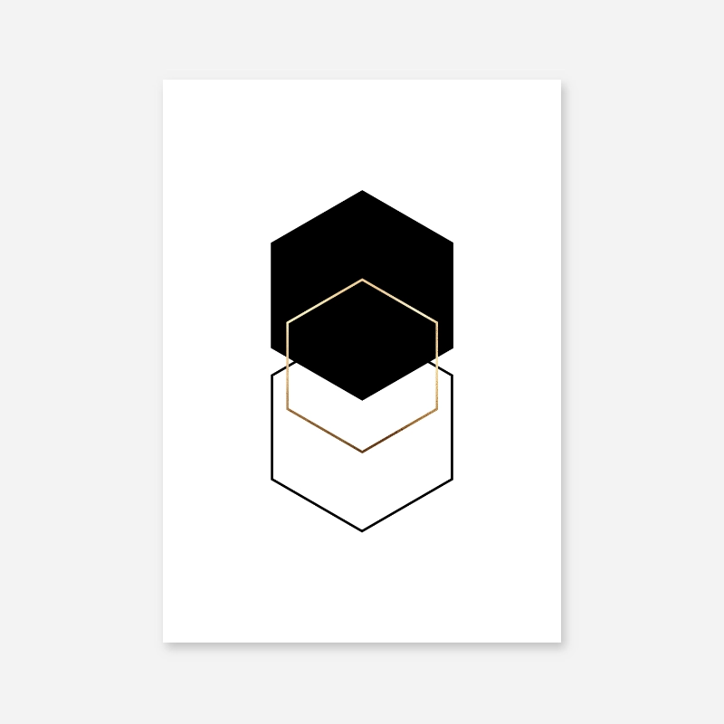Black and gold hexagon geometric minimalist Scandinavian style printable wall art, digital print