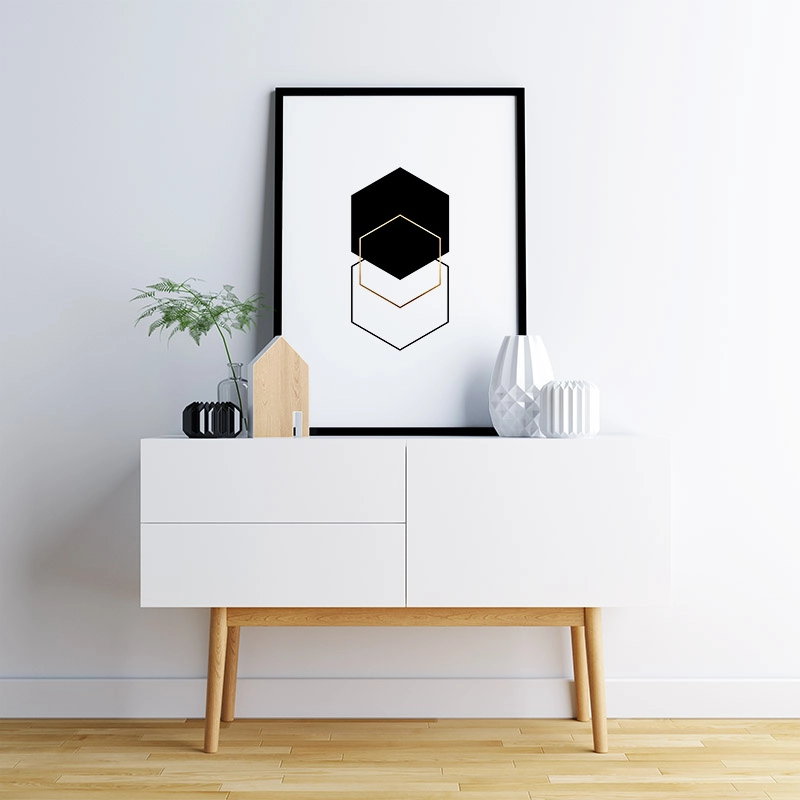Black and gold hexagon geometric minimalist Scandinavian style printable wall art, digital print