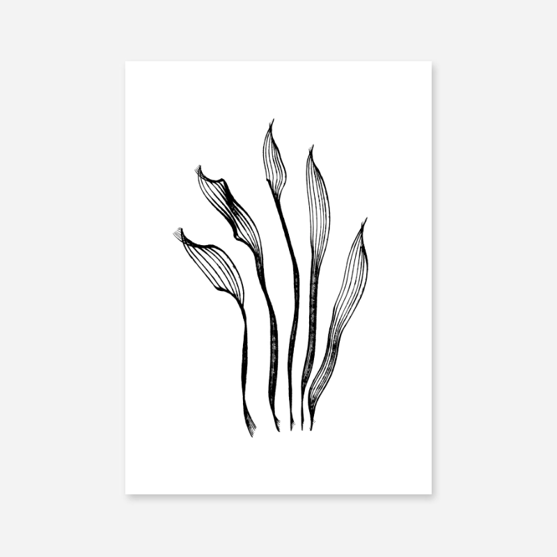 Abstract black and white flower leaf like brush strokes minimalist art print