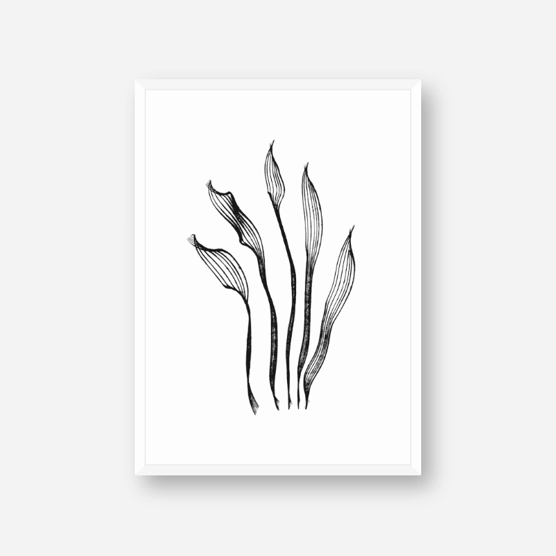 Abstract black and white flower leaf like brush strokes minimalist art print