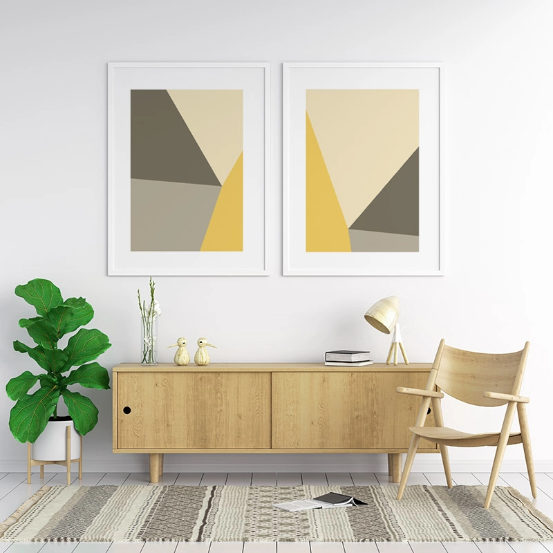 Yellow, brown and grey geometric polygon minimalist wall art, digital print