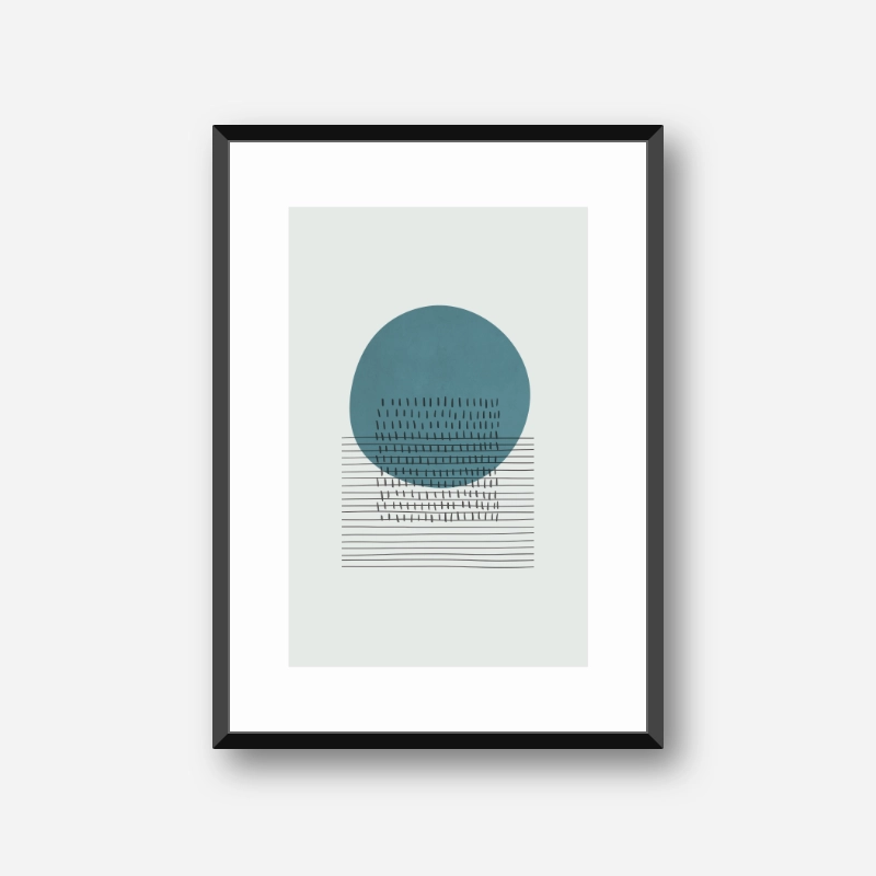 Boho minimalist Nordic abstract art print with black grey and greenish blue ming and platinum colours