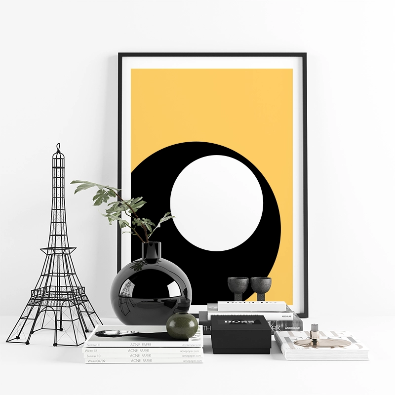 Abstract black white circles with yellow background mid-century free downloadable art print