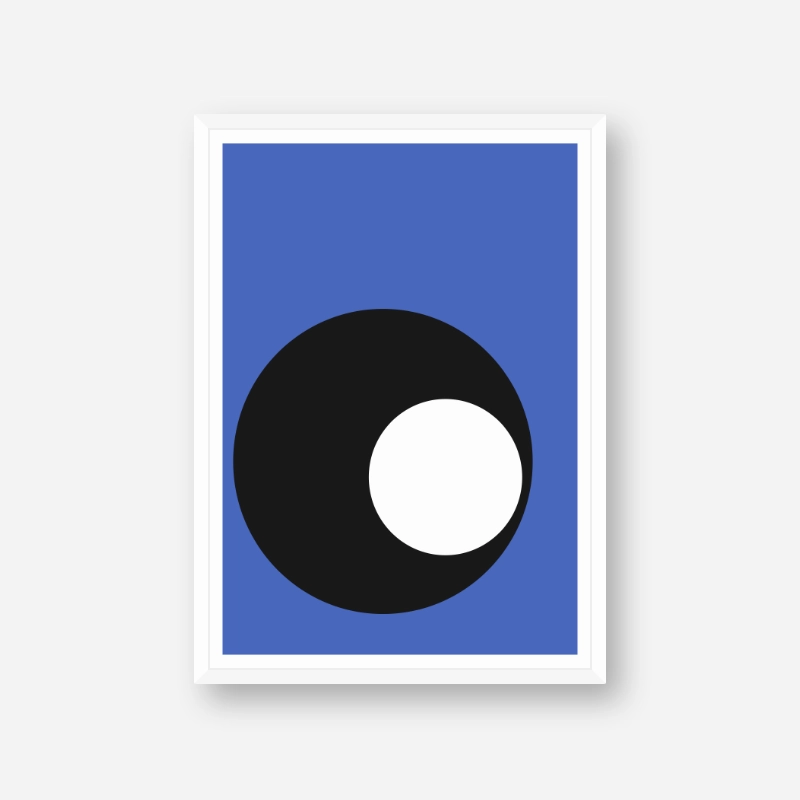 Minimalist abstract black and white circles with blue background mid-century modern art print