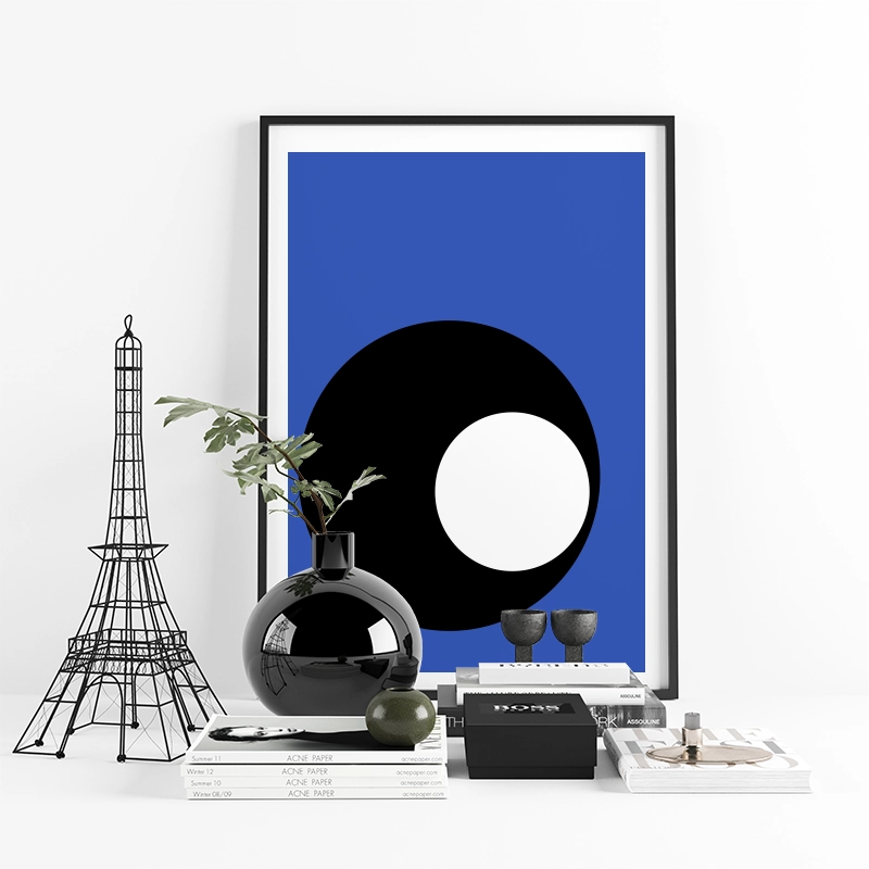 Minimalist abstract black and white circles with blue background mid-century modern art print