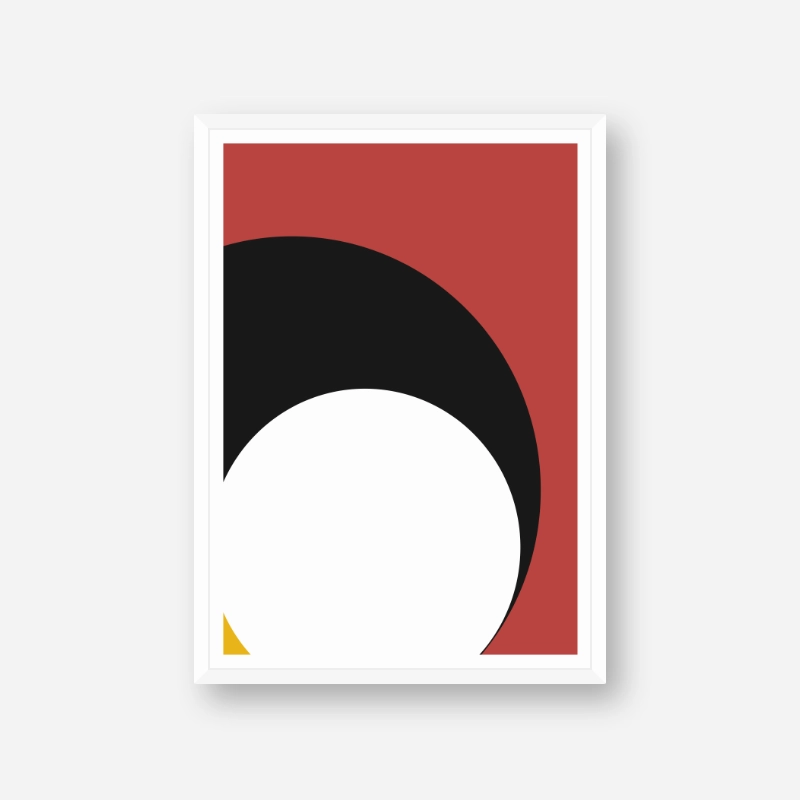 Mid-century abstract black and white circles with cherry red and alabastrom yellow colours free art print