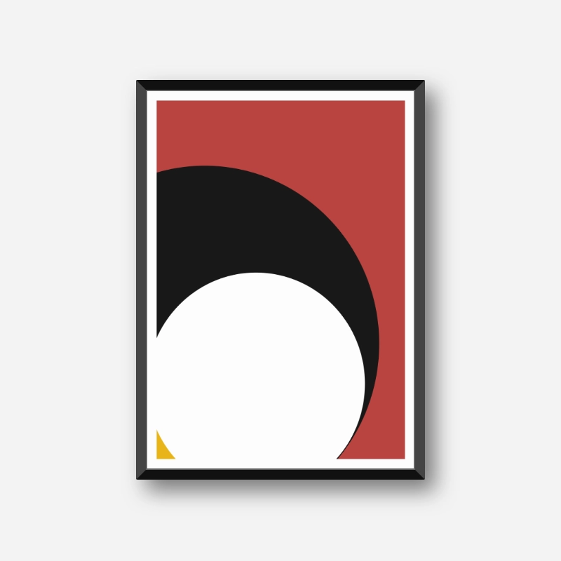 Mid-century abstract black and white circles with cherry red and alabastrom yellow colours free art print