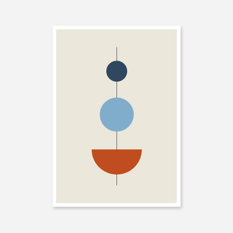 Abstract minimalist mid-century modern art print with beige blue and red colours