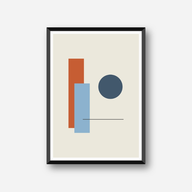 Abstract minimalist set of two geometric circle rectangles mid-century art print with beige blue and red colours