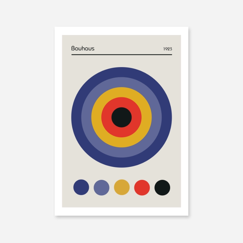 Free Bauhaus 1923 art print poster design with blue red yellow black concentric circles
