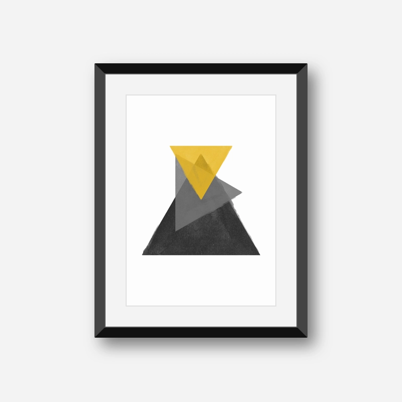 Black grey and yellow watercolour triangles downloadable wall art, digital print