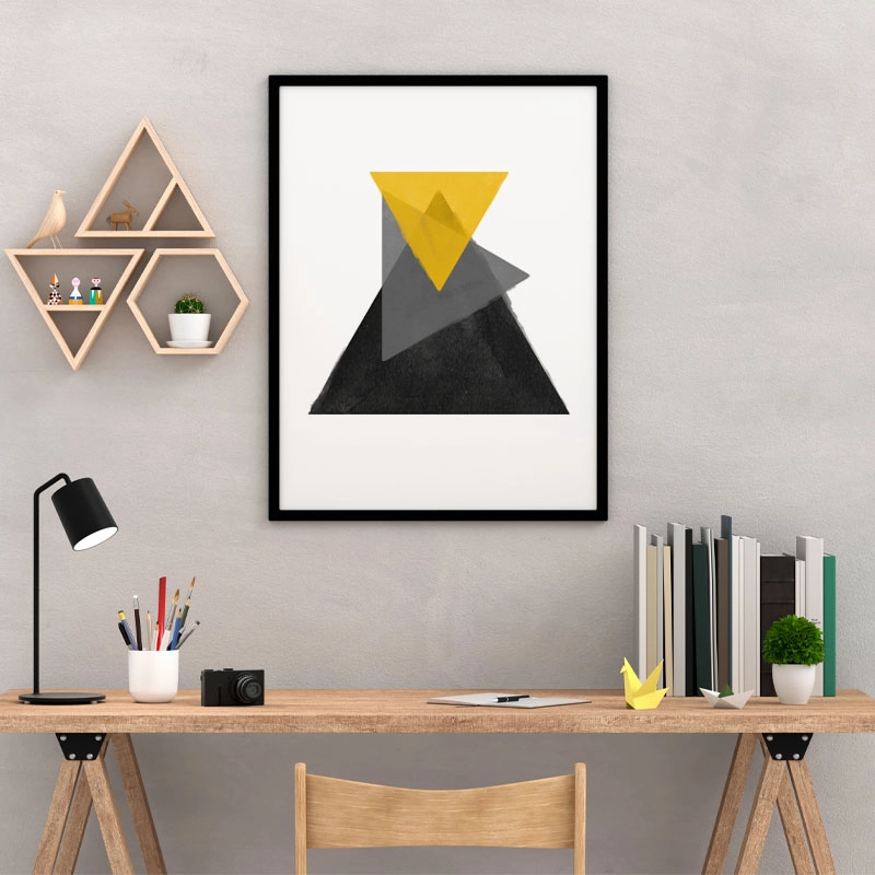 Black grey and yellow watercolour triangles downloadable wall art, digital print