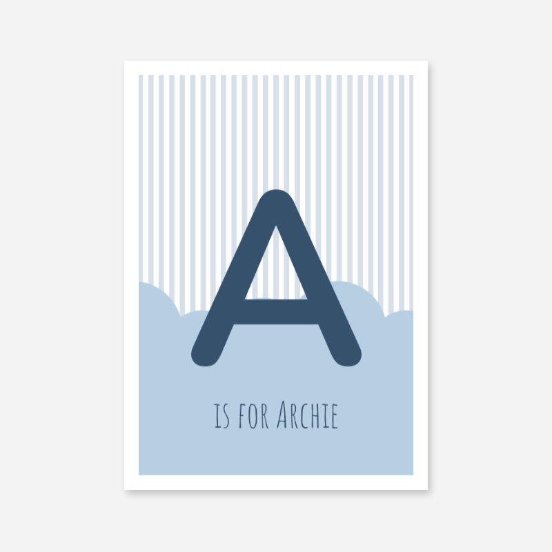 A is for Archie blue nursery baby room initial name print free artwork to print at home