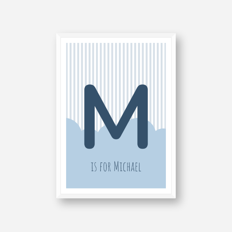 M is for Michael blue nursery baby room initial name print free artwork to print at home