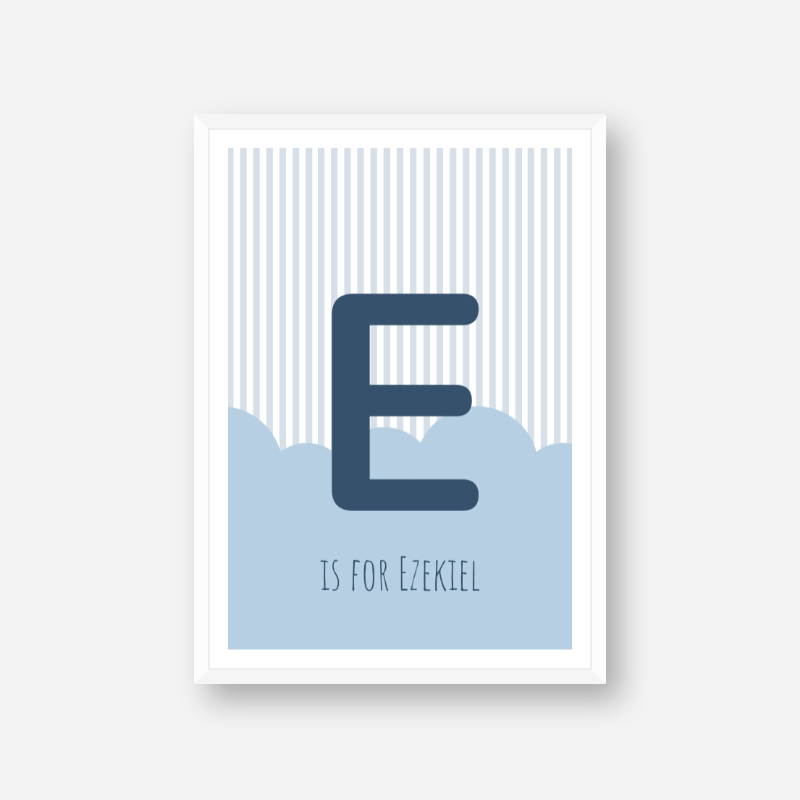 E is for Ezekiel blue nursery baby room initial name print free artwork to print at home