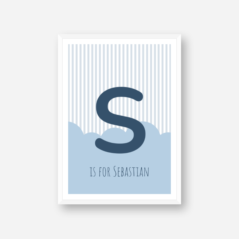 S is for Sebastian blue nursery baby room initial name print free artwork to print at home