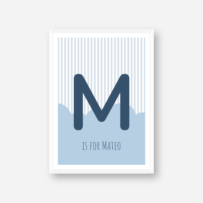 M is for Mateo blue nursery baby room initial name print free artwork to print at home