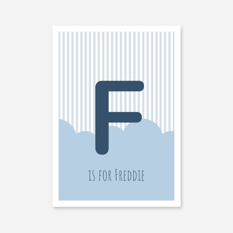 F is for Freddie blue nursery baby room initial name print free artwork to print at home