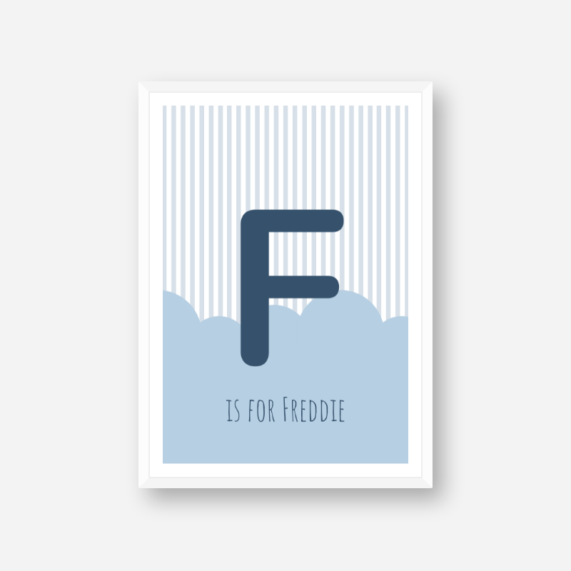 F is for Freddie blue nursery baby room initial name print free artwork to print at home