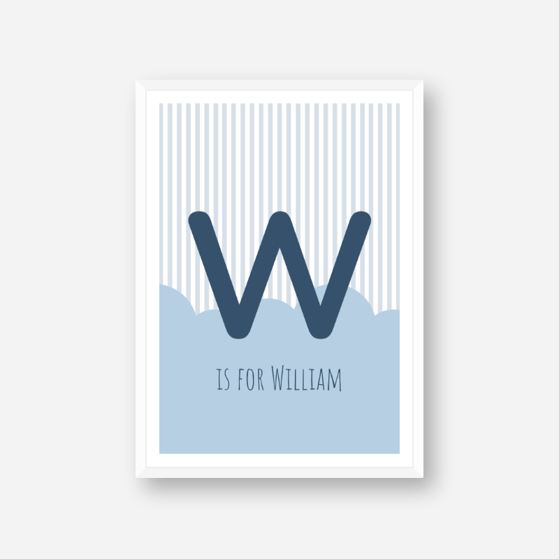 W is for William blue nursery baby room initial name print free artwork to print at home