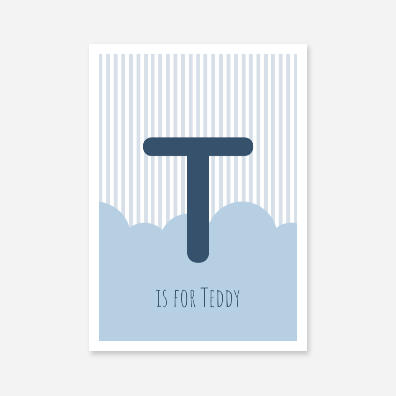 T is for Teddy blue nursery baby room initial name print free artwork to print at home