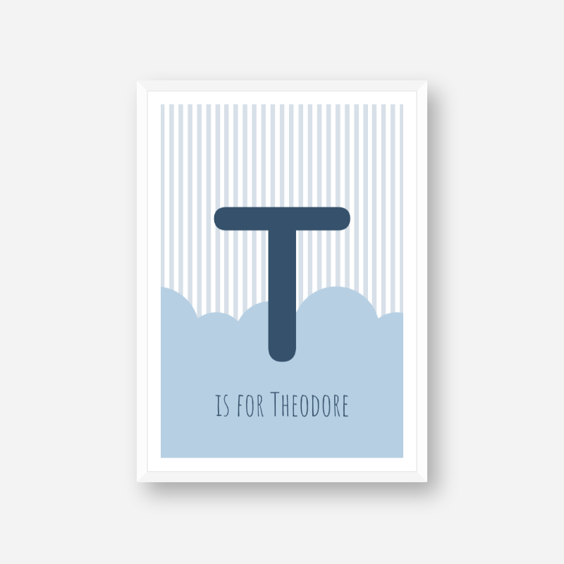 T is for Theodore blue nursery baby room initial name print free artwork to print at home