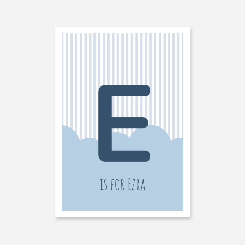 E is for Ezra blue nursery baby room initial name print free artwork to print at home