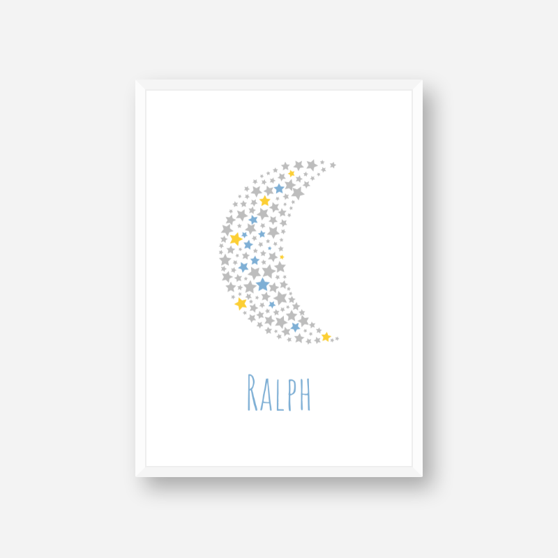 Ralph grey yellow and blue stars in moon shape nursery baby room kids room free names art print