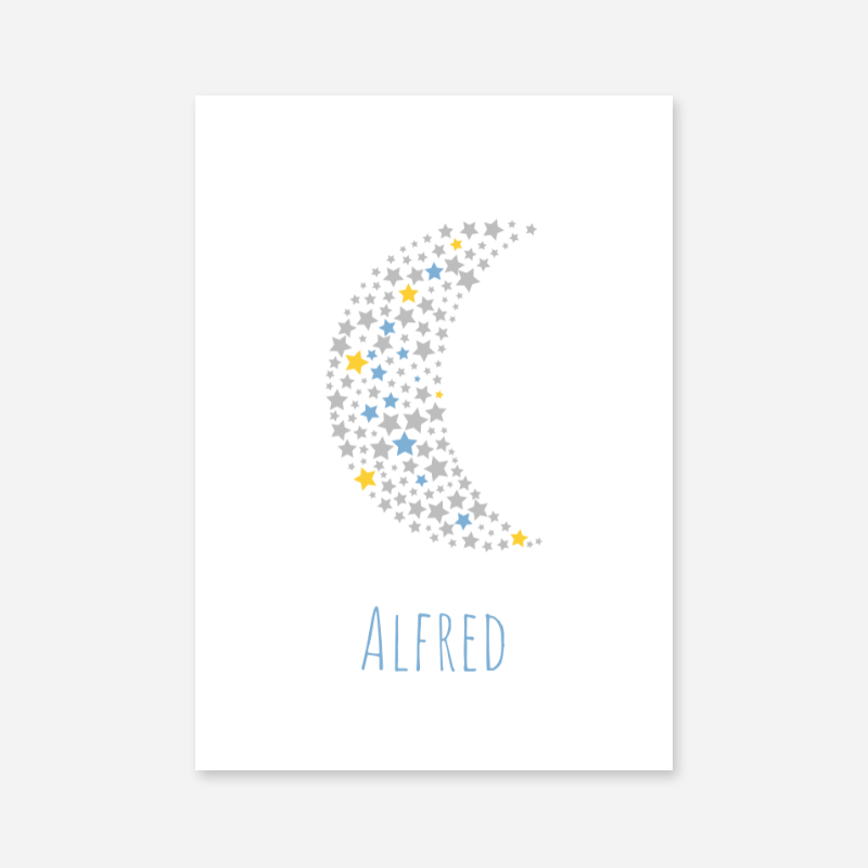 Alfred grey yellow and blue stars in moon shape nursery baby room kids room free names art print