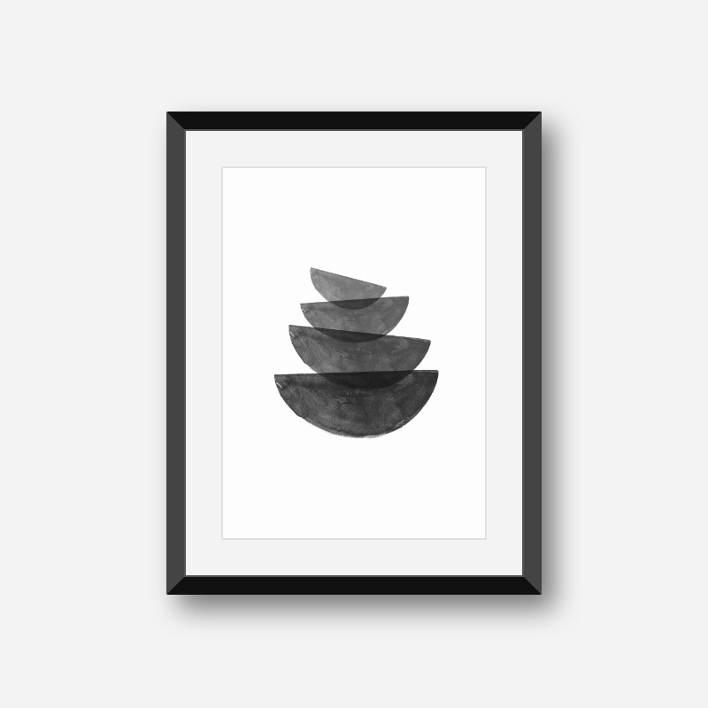 Black and grey watercolour abstract bowl shapes downloadable wall art digital print