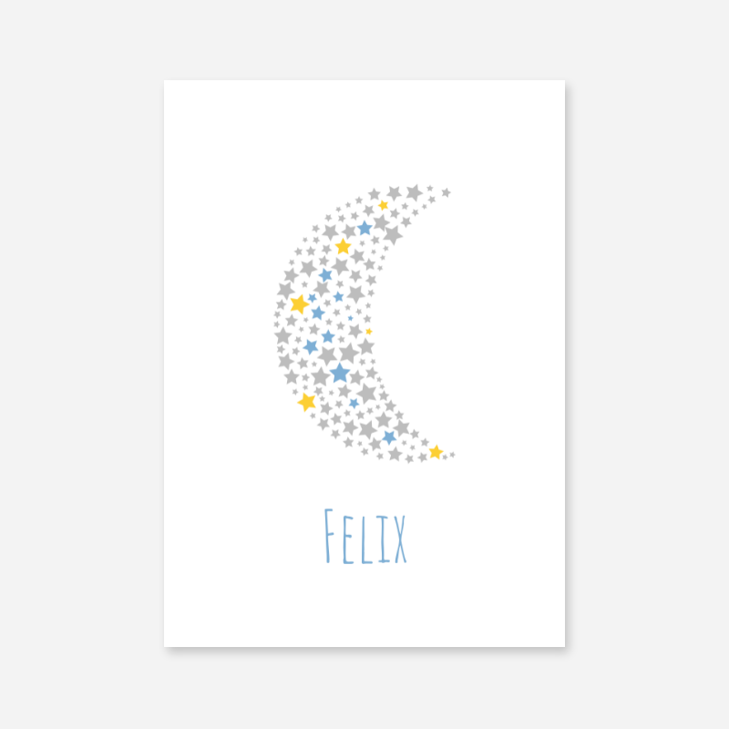 Felix grey yellow and blue stars in moon shape nursery baby room kids room free names art print