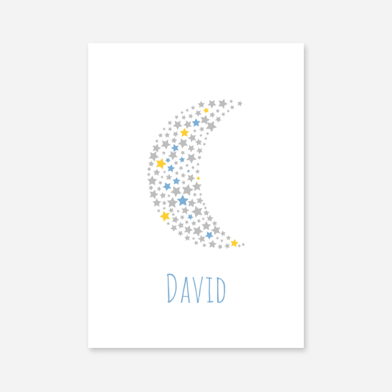 David grey yellow and blue stars in moon shape nursery baby room kids room free names art print