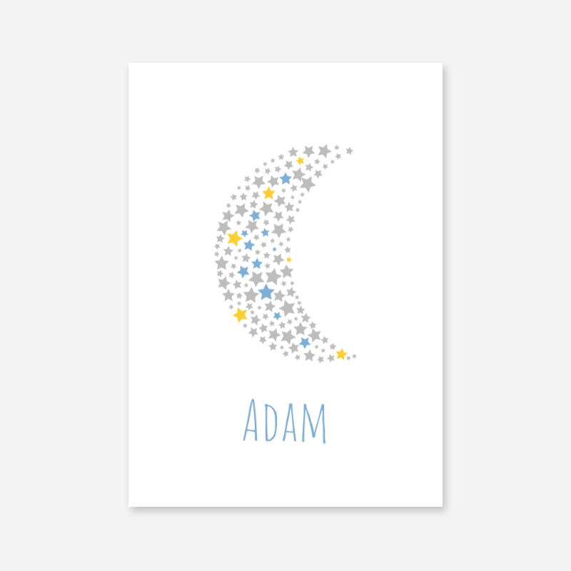 Adam name printable nursery baby room kids room artwork with grey yellow and blue stars in moon shape