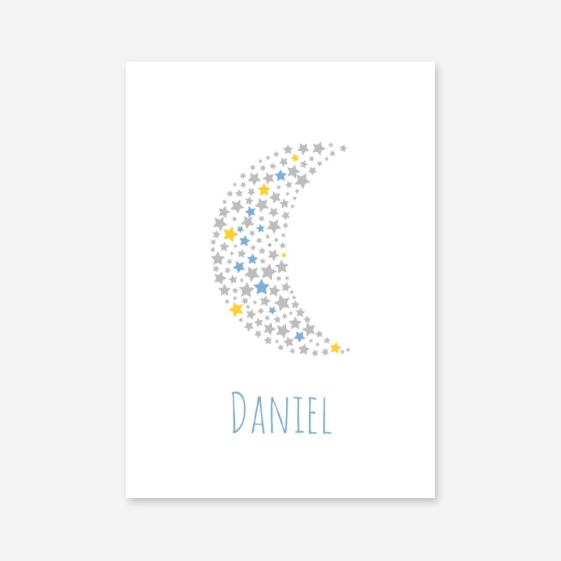 Daniel name printable nursery baby room kids room artwork with grey yellow and blue stars in moon shape