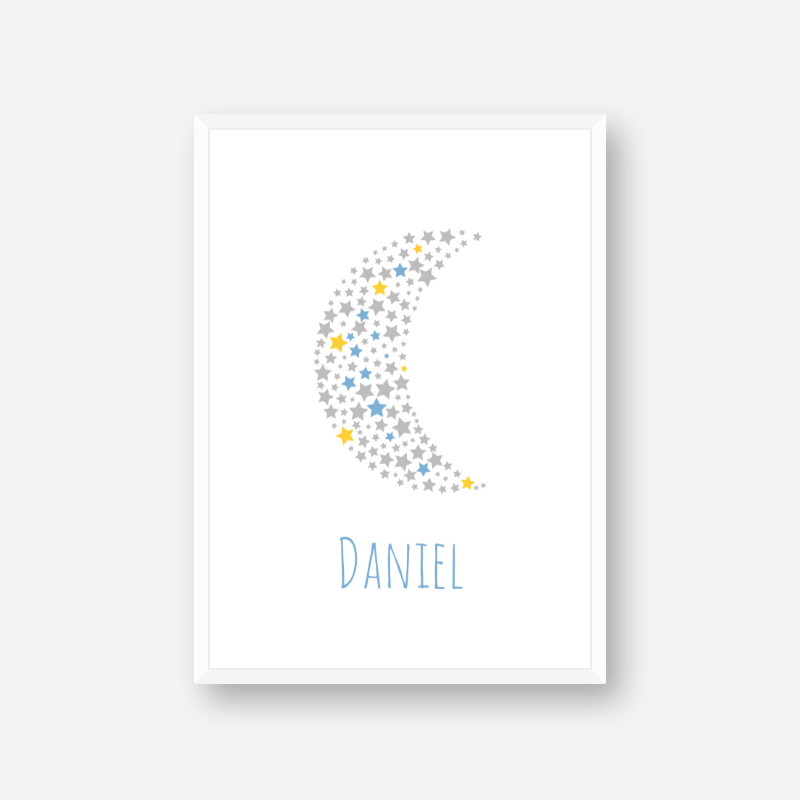 Daniel name printable nursery baby room kids room artwork with grey yellow and blue stars in moon shape