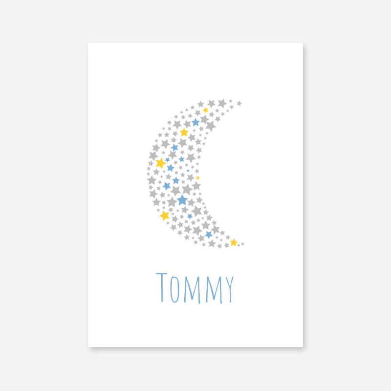 Tommy name printable nursery baby room kids room artwork with grey yellow and blue stars in moon shape