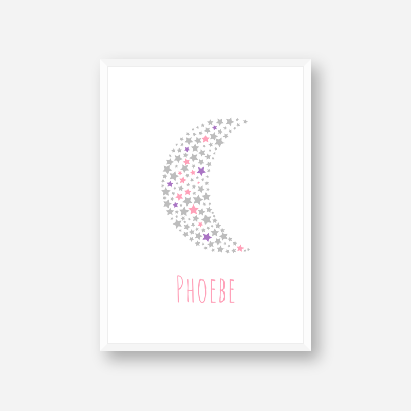 Phoebe name printable nursery baby room kids room artwork with grey pink and purple stars in moon shape