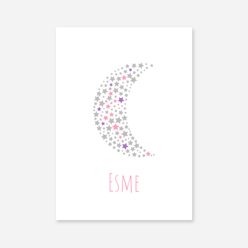Esme name printable nursery baby room kids room artwork with grey pink and purple stars in moon shape