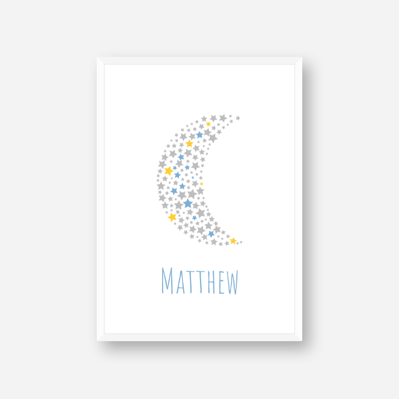 Matthew name printable nursery baby room kids room artwork with grey yellow and blue stars in moon shape