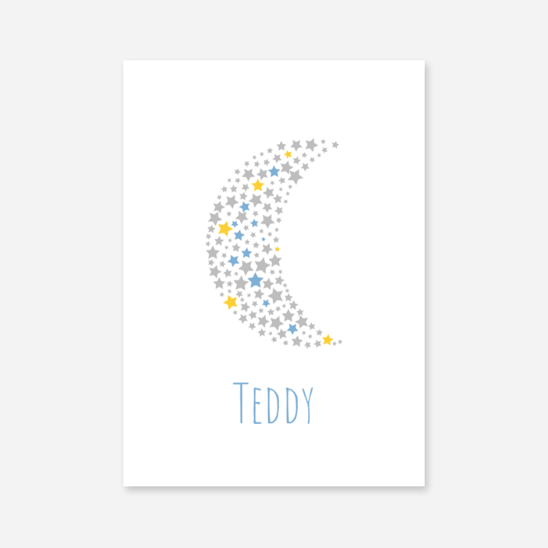 Teddy name printable nursery baby room kids room artwork with grey yellow and blue stars in moon shape