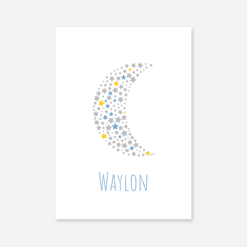 Waylon name printable nursery baby room kids room artwork with grey yellow and blue stars in moon shape
