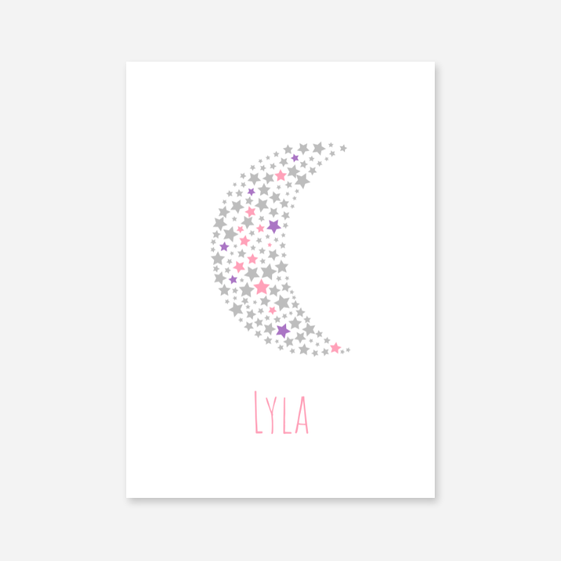 Lyla name printable nursery baby room kids room artwork with grey pink and purple stars in moon shape