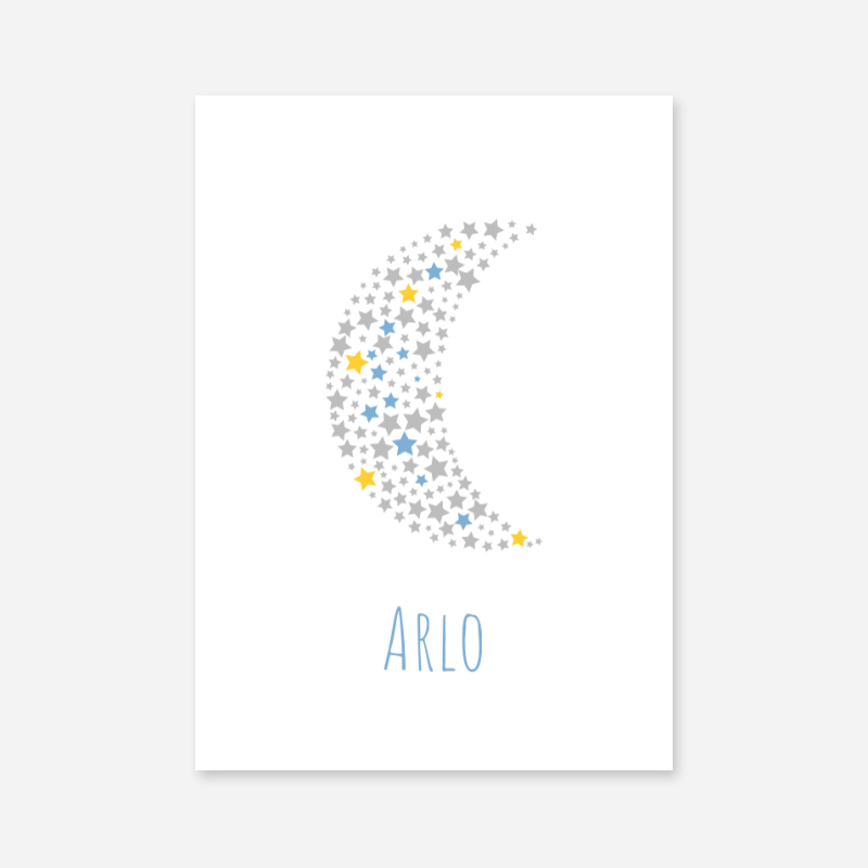 Arlo name printable nursery baby room kids room artwork with grey yellow and blue stars in moon shape