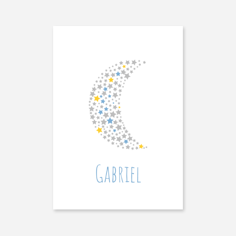 Gabriel name printable nursery baby room kids room artwork with grey yellow and blue stars in moon shape