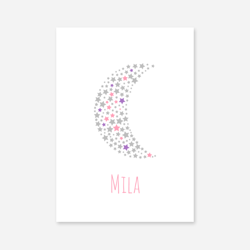 Mila name printable nursery baby room kids room artwork with grey pink and purple stars in moon shape