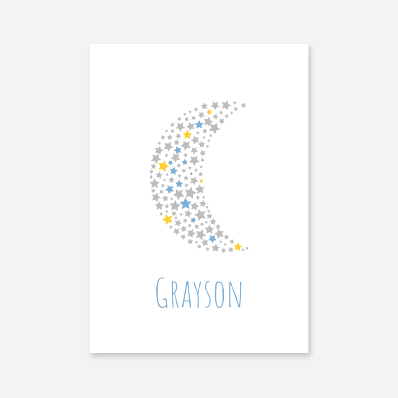Grayson name printable nursery baby room kids room artwork with grey yellow and blue stars in moon shape