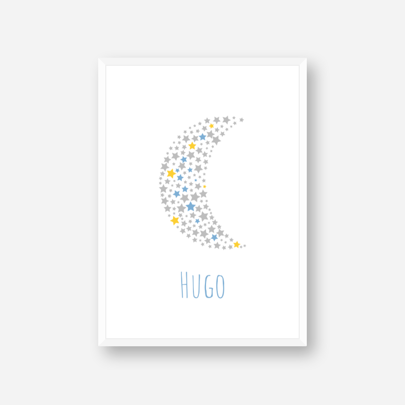 Hugo name printable nursery baby room kids room artwork with grey yellow and blue stars in moon shape