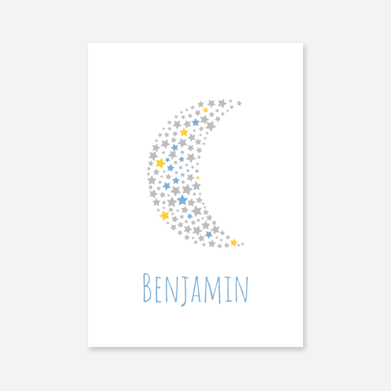 Benjamin name printable nursery baby room kids room artwork with grey yellow and blue stars in moon shape