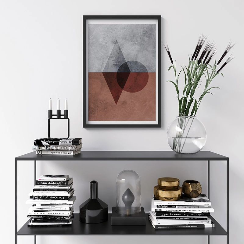 Black transparent circle and rhombus with grey and red concrete background downloadable free printable wall art, digital print